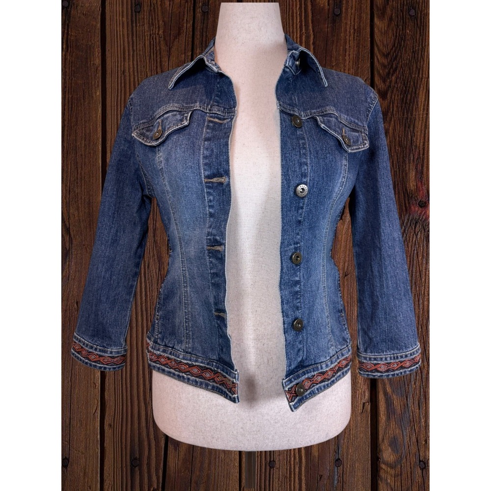 Y2K Stretch Denim Trucker Jacket Embroidered Trim Raw Seams Boho Western Size 4